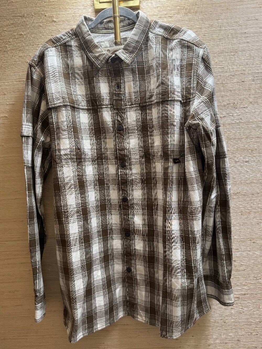 Duxbak Men’s Plaid Button Down Shirt XL Brown Tan Outdoor Hiking